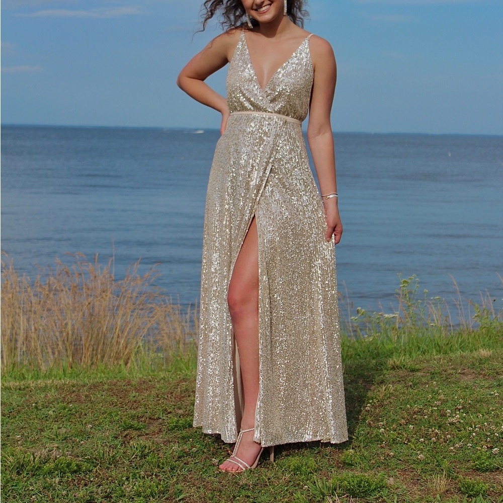 OFFERS WELCOME Gold sequin low back wrap dress Fame and Partners Kirrily Dress.